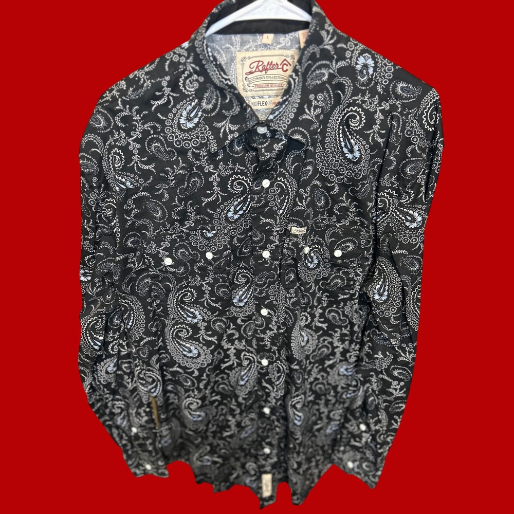 Rafter C Button Down Mens L Black Cowboy Collection Western Paisley ProFlex Snap